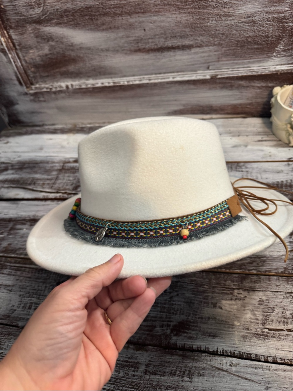 Womens Cream Felt Fedora with Beaded Trim - Picture 4 of 9